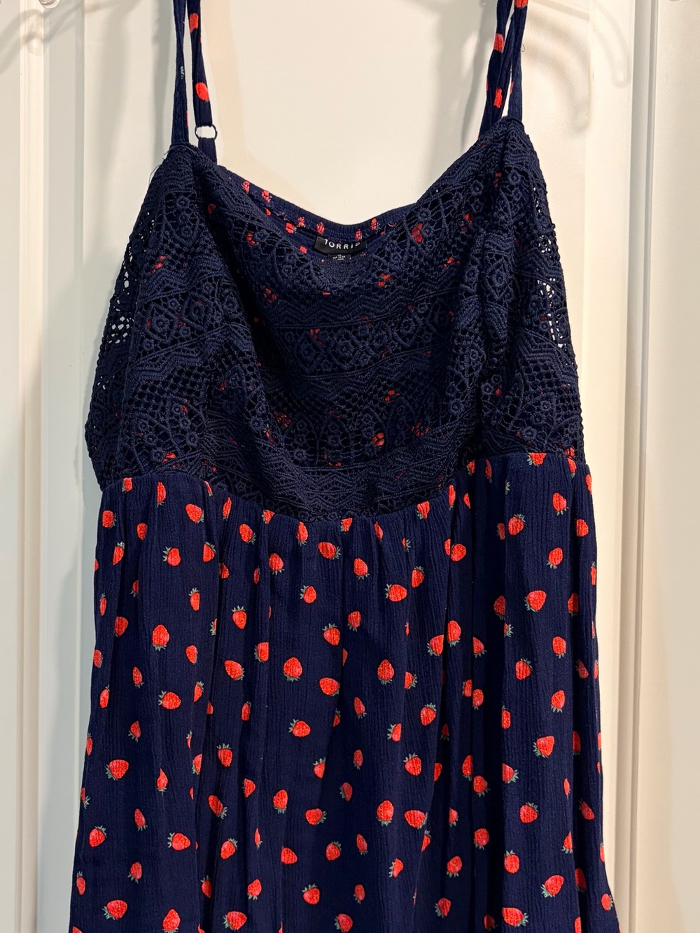 torrid Navy Crochet Lace top with Red strawberry Print